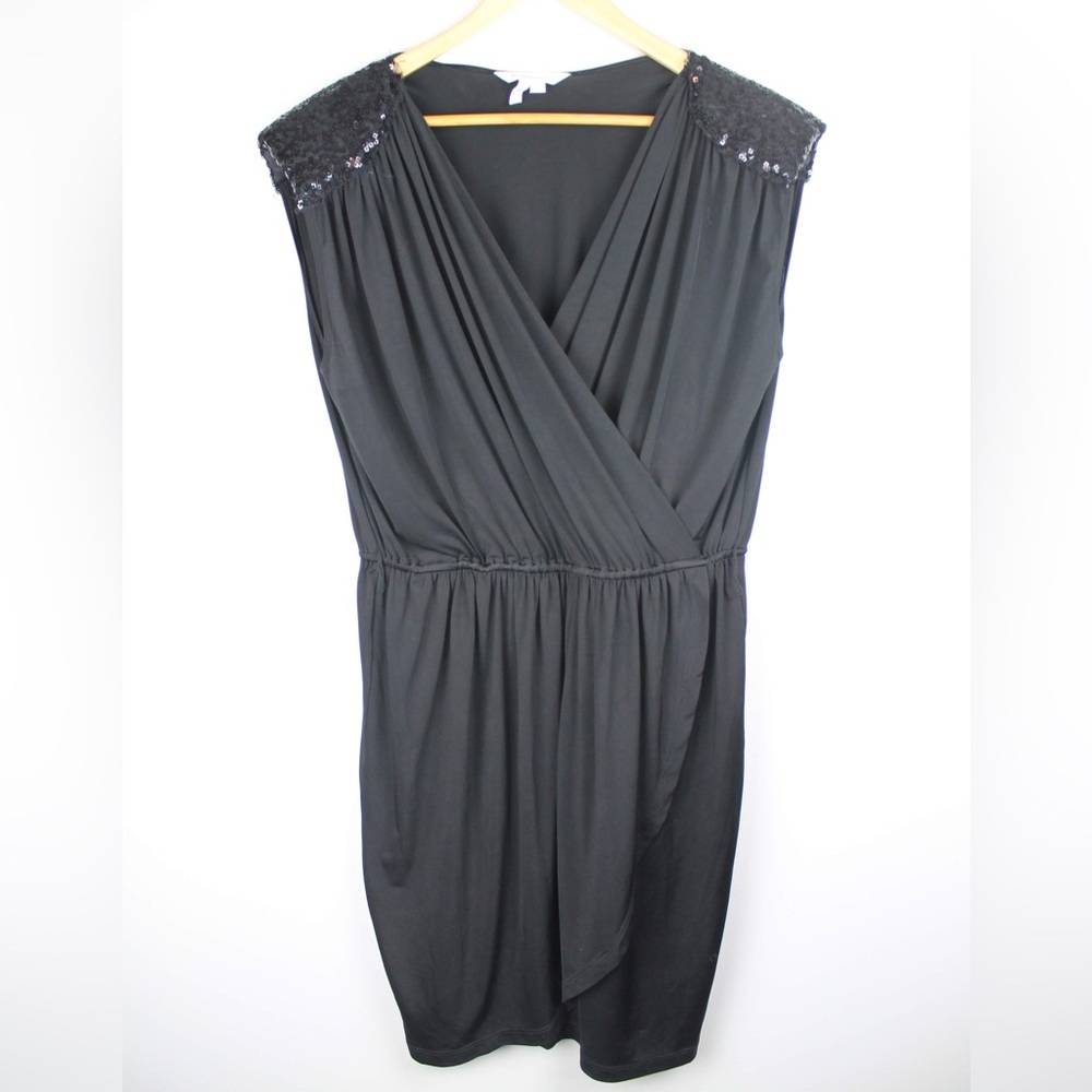 [L] Black Faux Wrap Cocktail Dress with Sequin Shoulder